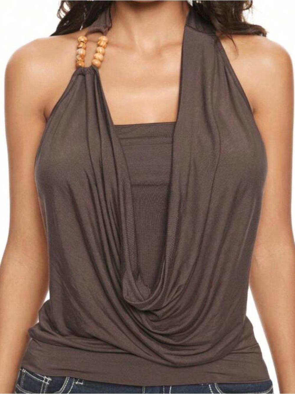 ROMWE Brown Halter Cowl Neck Tank with Bead Detail